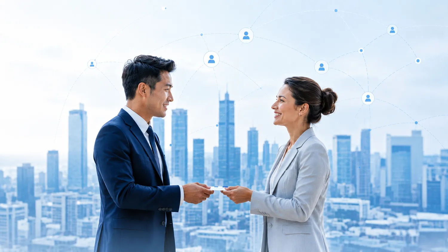 Two professionals exchanging a business card, with a network of connections overlaid on a city skyline.